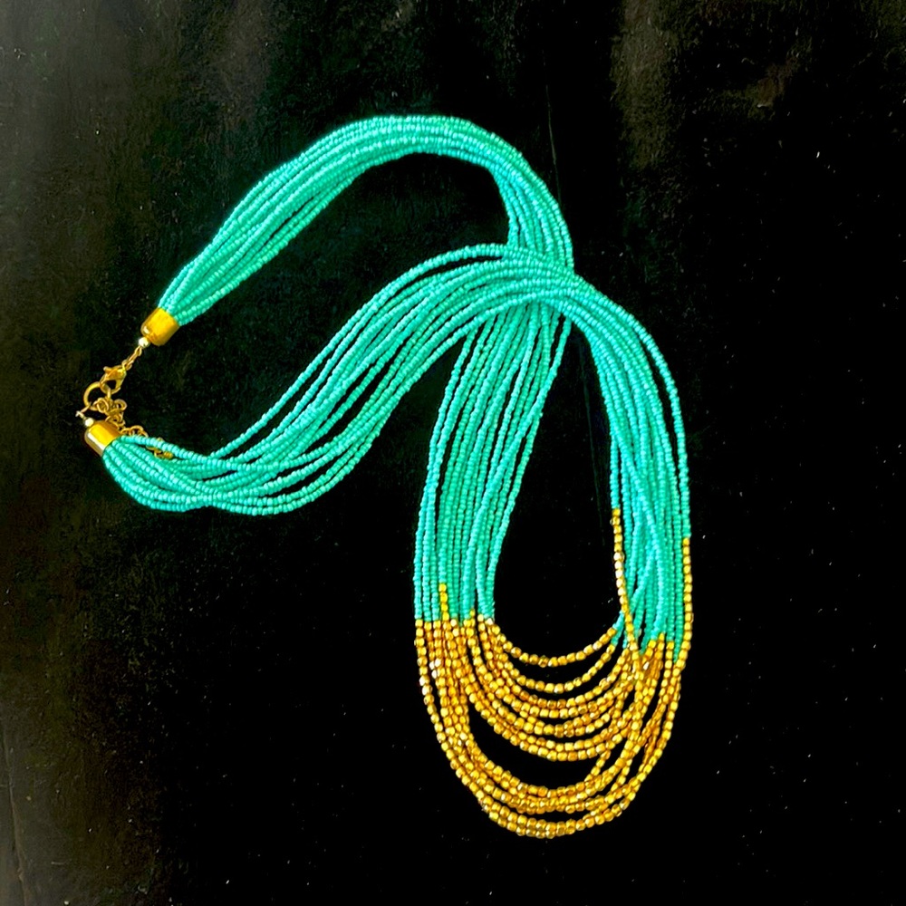 Long Costume Turquoise And Gold Beaded Multi Strand Necklace